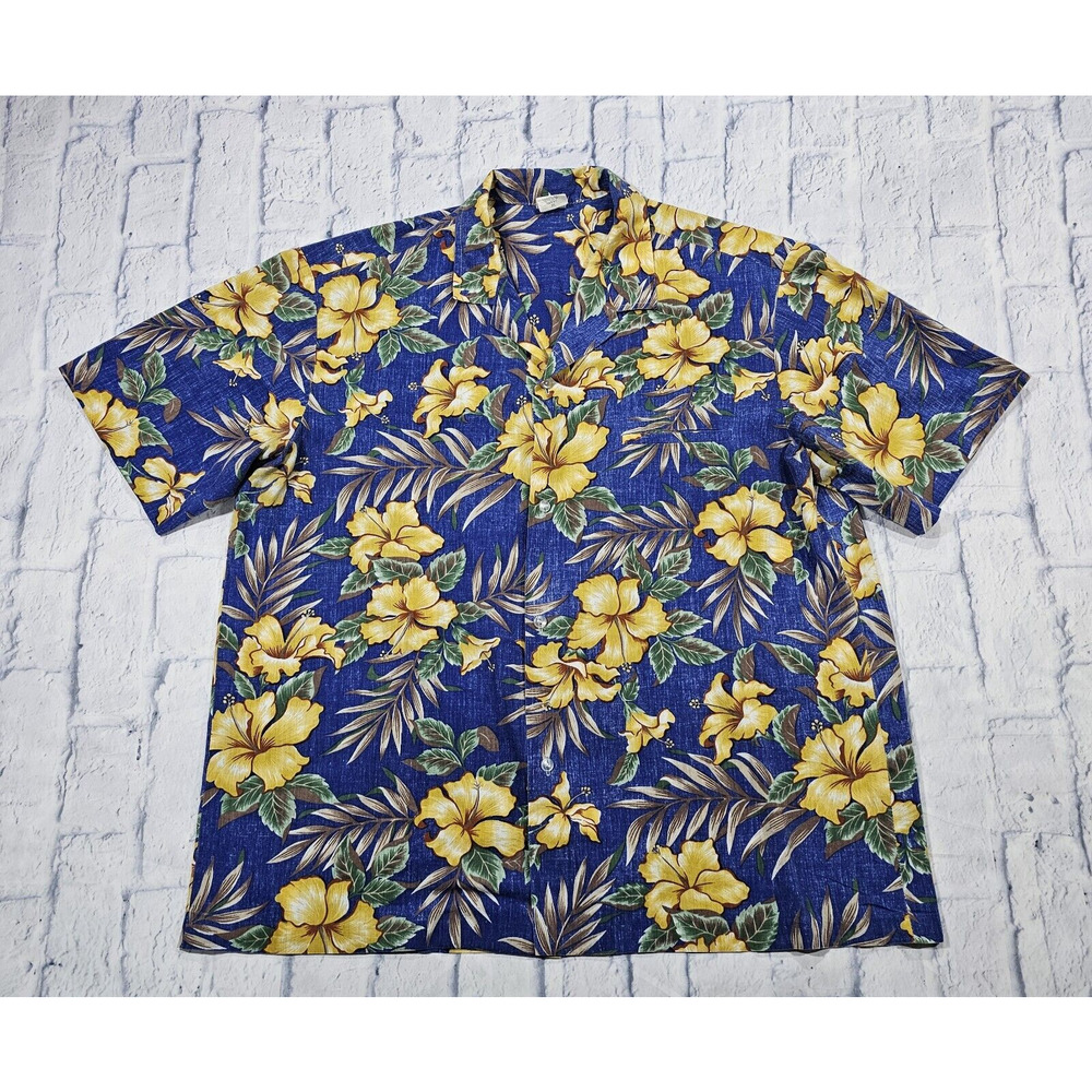 Royal Creations MENS XL Hawaiian Camp Shirt Cotton Hibiscus Floral Blue Yellow